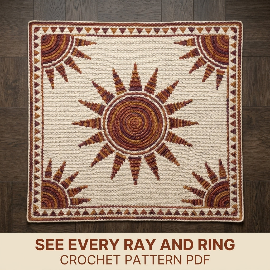 Sunburst Mosaic Crochet Blanket Pattern PDF – Sun Throw in Rust, Mustard and Plum with Triangle Border