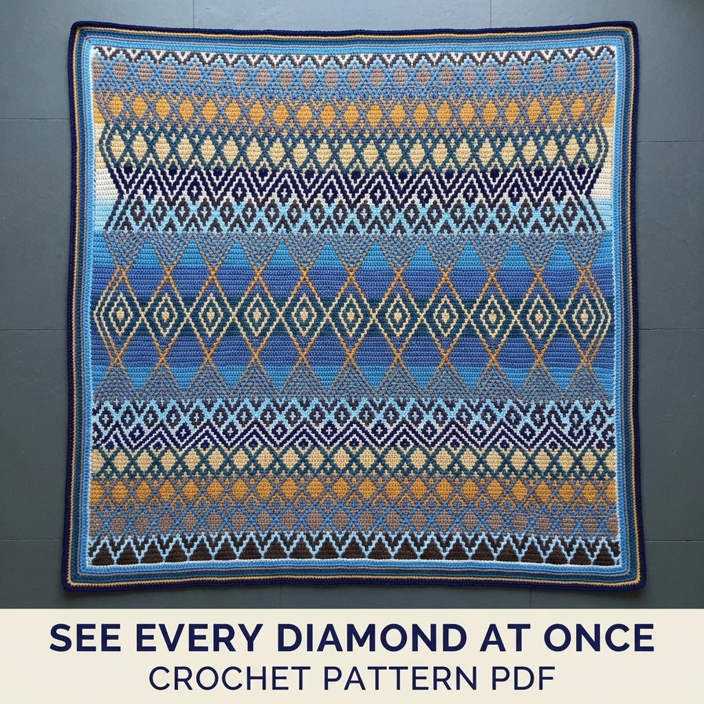 Blue Diamond Mosaic Crochet Blanket Pattern PDF – Geometric Throw in Blue and Mustard