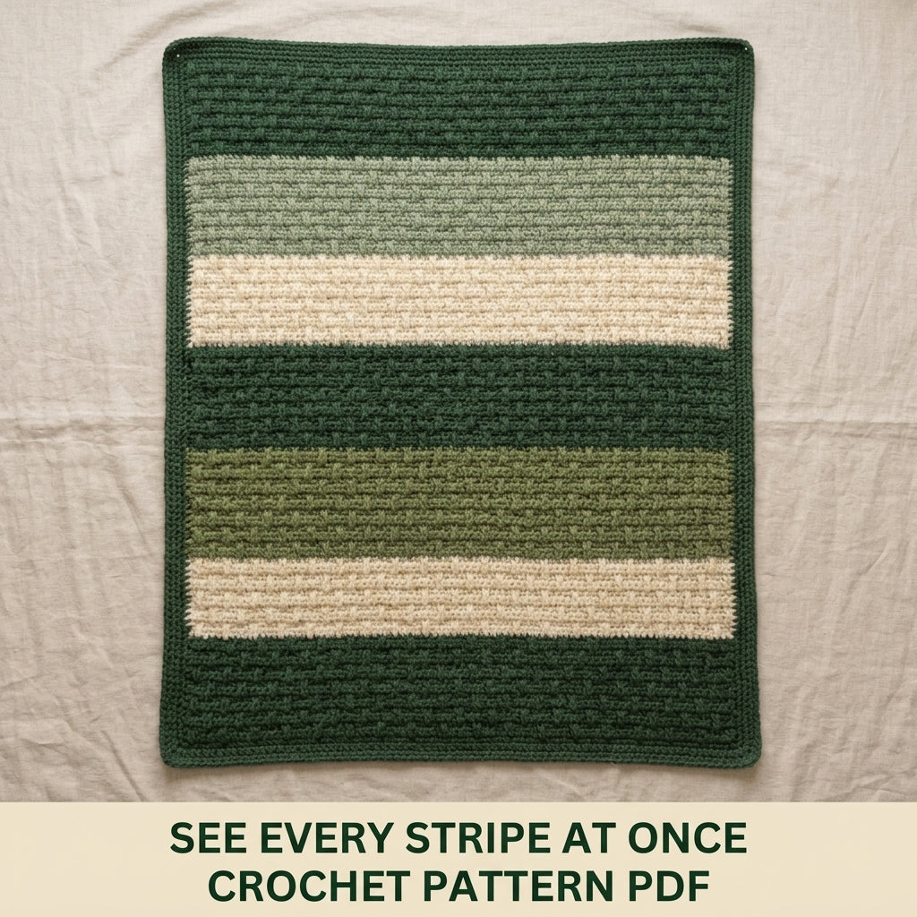 Alpine Stitch Crochet Blanket Pattern PDF – Textured Green and Cream Striped Throw