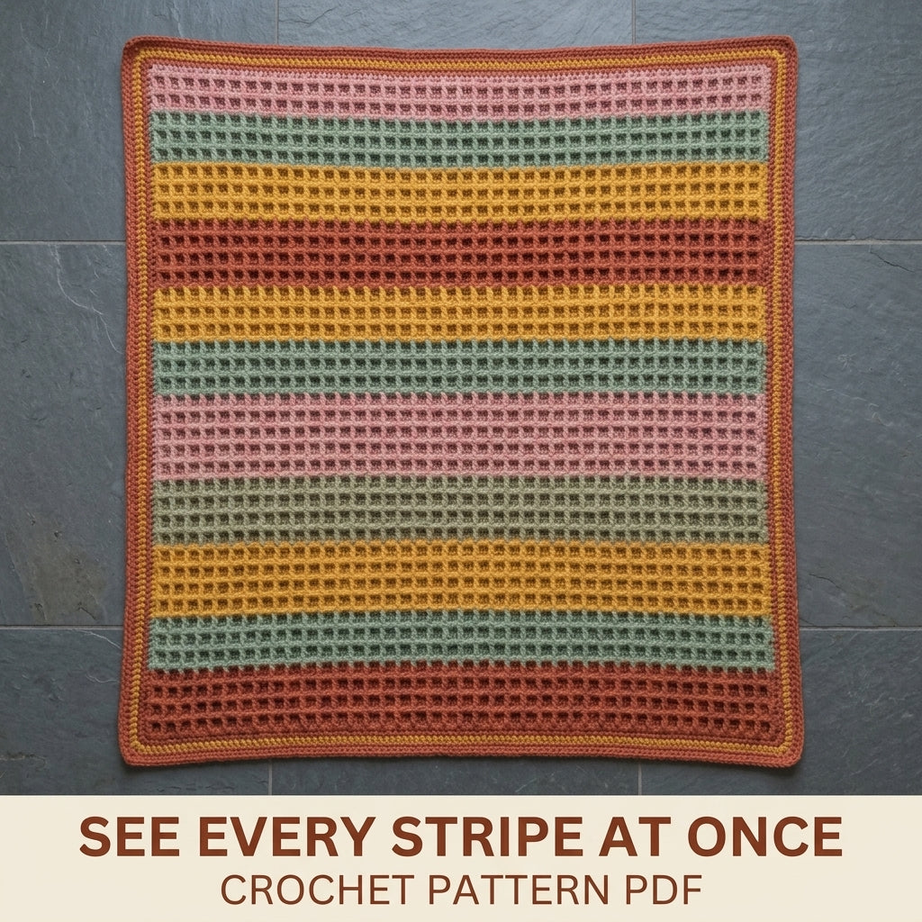 Waffle Stitch Crochet Blanket Pattern PDF – Easy Textured Striped Throw in Rust, Sage and Mustard