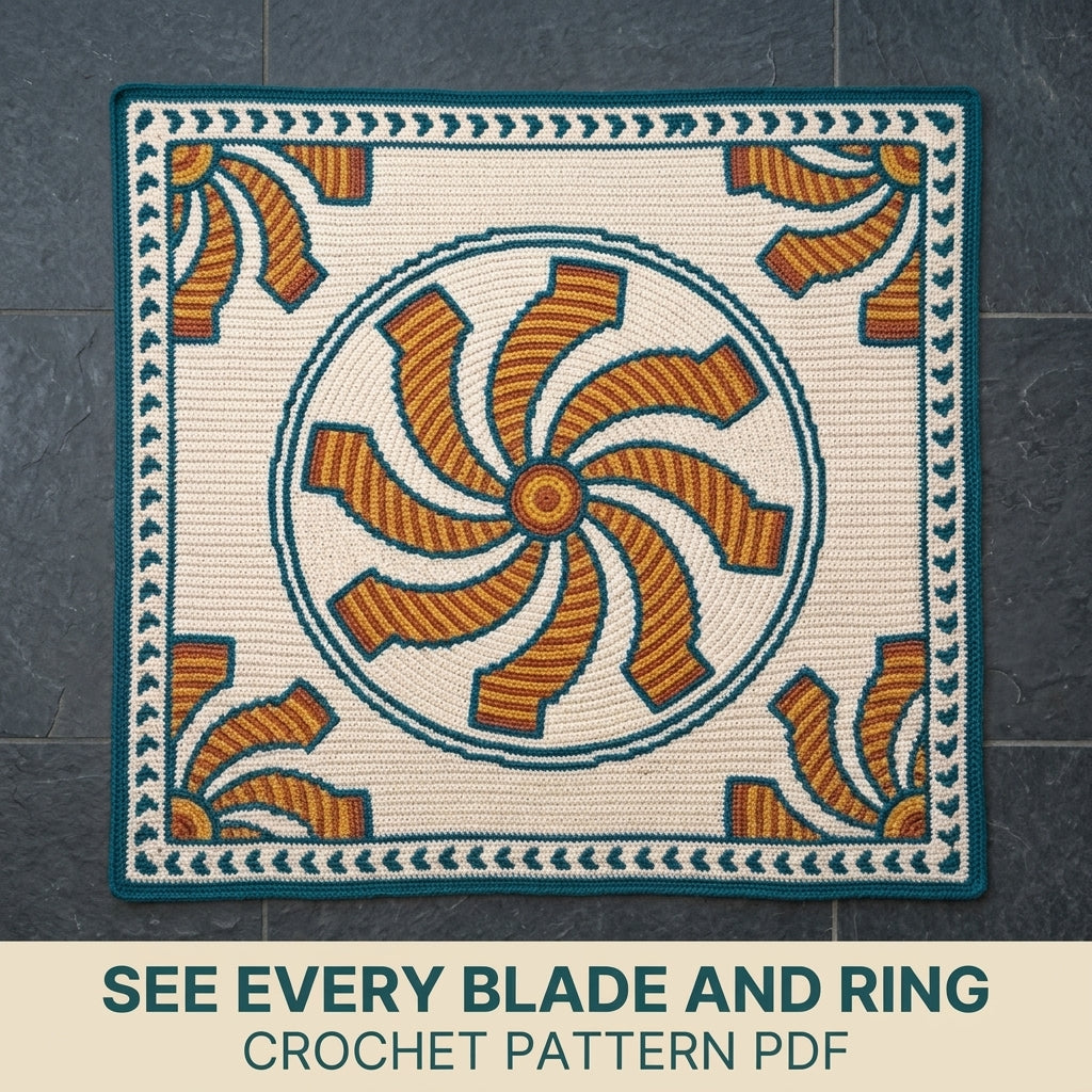 Pinwheel Tapestry Crochet Blanket Pattern PDF – Spinning Sun Throw in Mustard, Rust and Teal