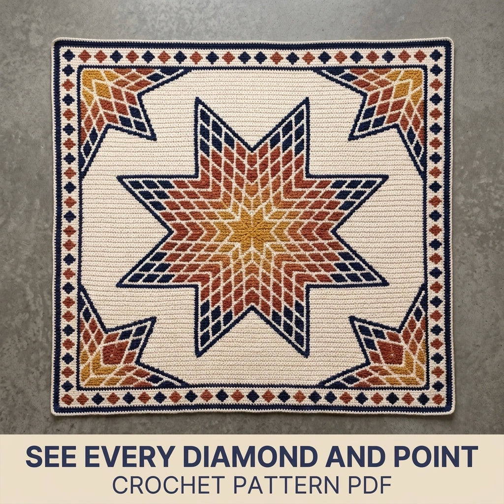 Lone Star Tapestry Crochet Blanket Pattern PDF – Quilt-Inspired Star Throw in Mustard, Rust and Navy