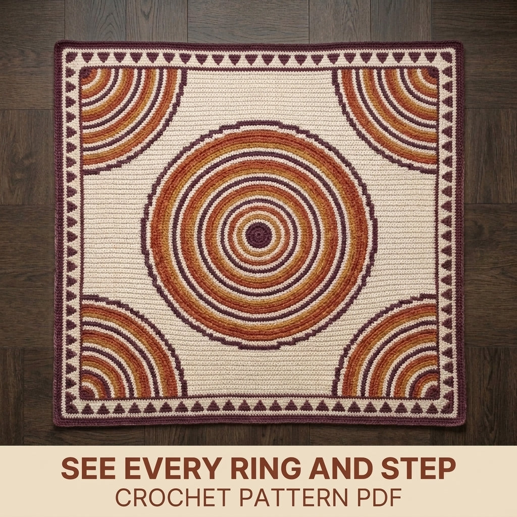 Ripple Rings Tapestry Crochet Blanket Pattern PDF – Concentric Circle Throw in Plum, Orange and Mustard