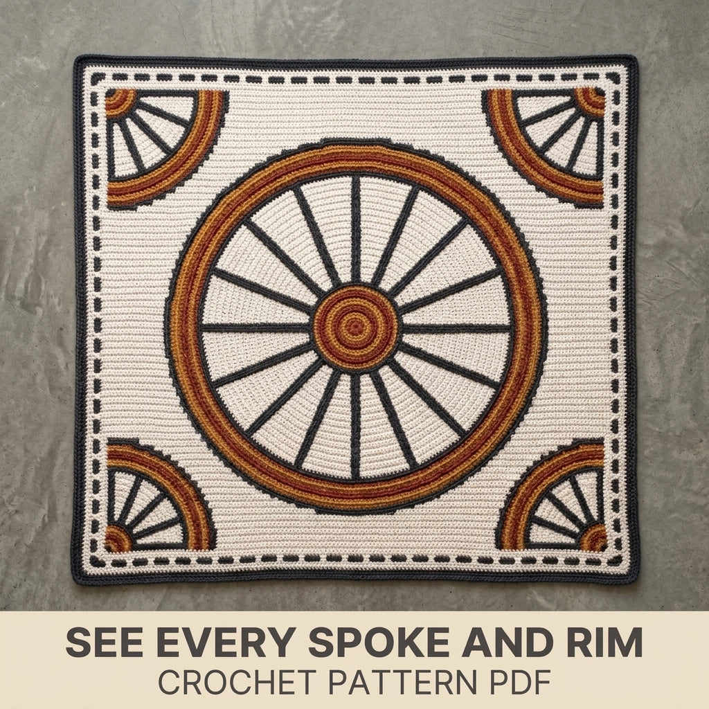 Wagon Wheel Tapestry Crochet Blanket Pattern PDF – Rustic Throw in Charcoal, Rust and Mustard