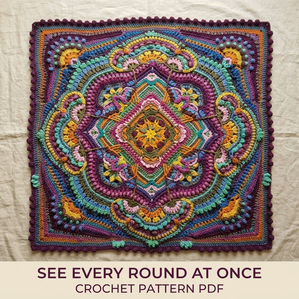 Jewel Mandala Crochet Blanket Pattern PDF – Textured Overlay Square Throw in Rounds