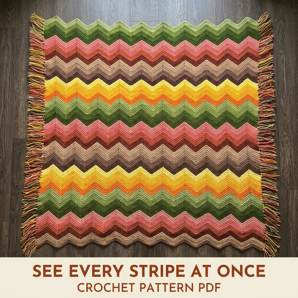 Retro Ripple Crochet Blanket Pattern PDF – Seventies Chevron Stripe Throw with Fringe