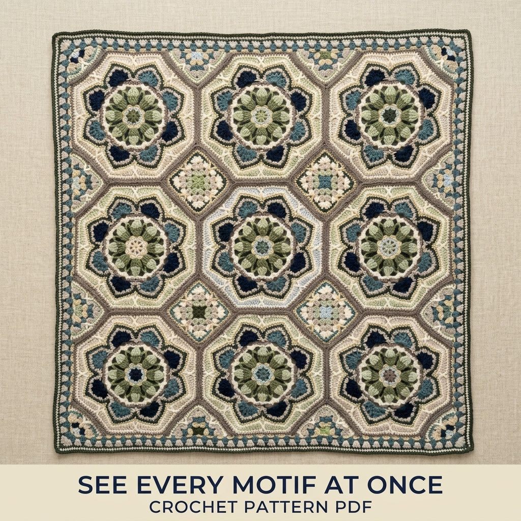 Sage Tile Medallion Crochet Blanket Pattern PDF – Octagon Motif Throw in Green and Navy