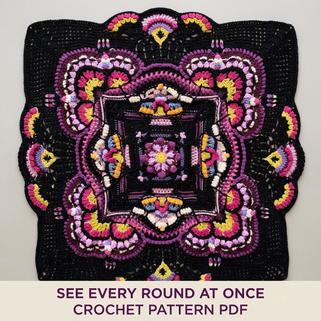 Midnight Bloom Crochet Blanket Pattern PDF – Textured Mandala Throw on Black