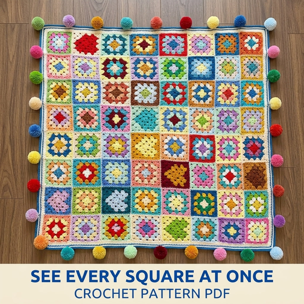 Rainbow Granny Square Pompom Blanket Crochet Pattern PDF – Scrap Throw with Pompoms
