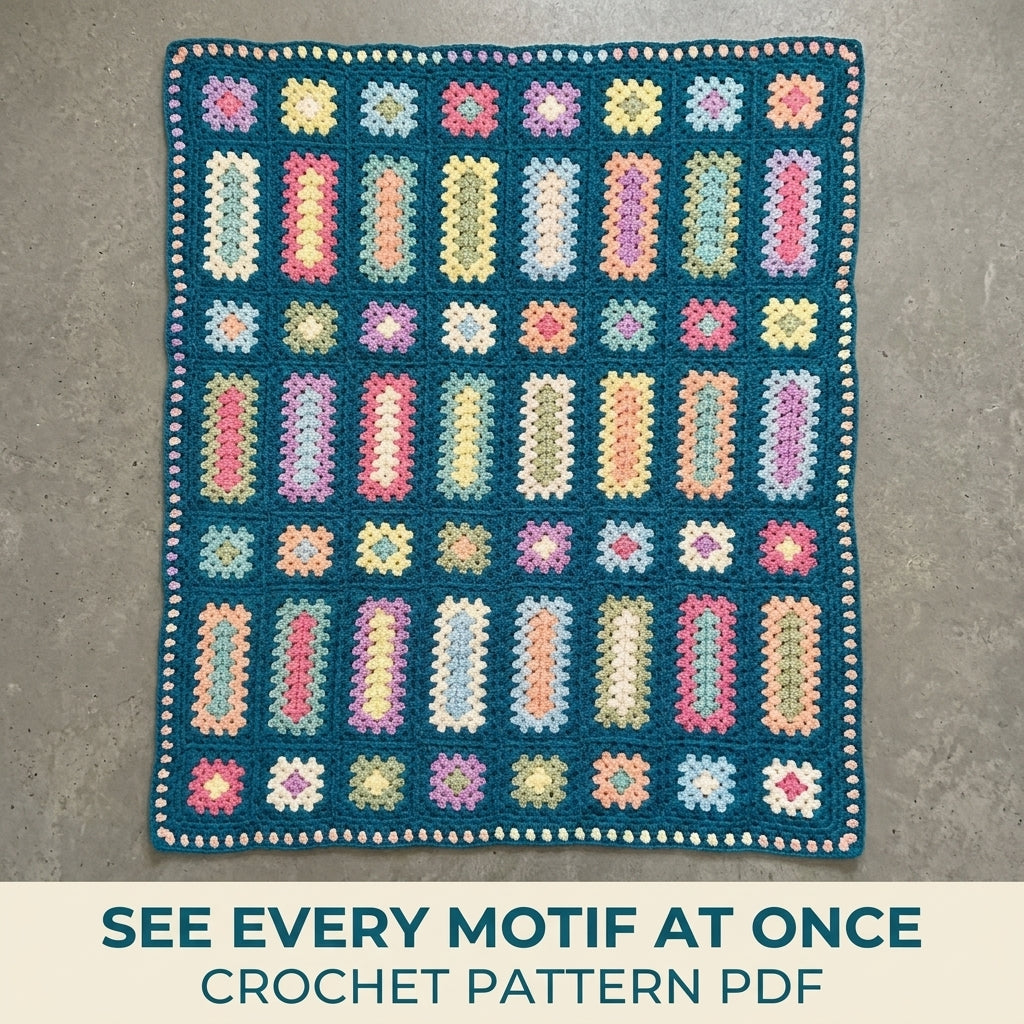 Pastel Bar Granny Blanket Crochet Pattern PDF – Granny Rectangles and Squares on Teal
