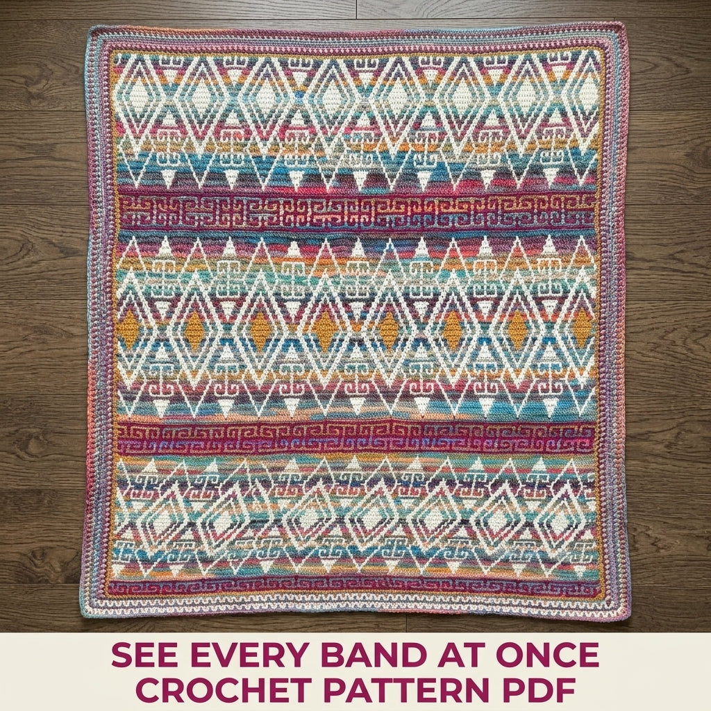 Variegated Mosaic Crochet Blanket Pattern PDF – Rainbow Band Throw with Greek Key