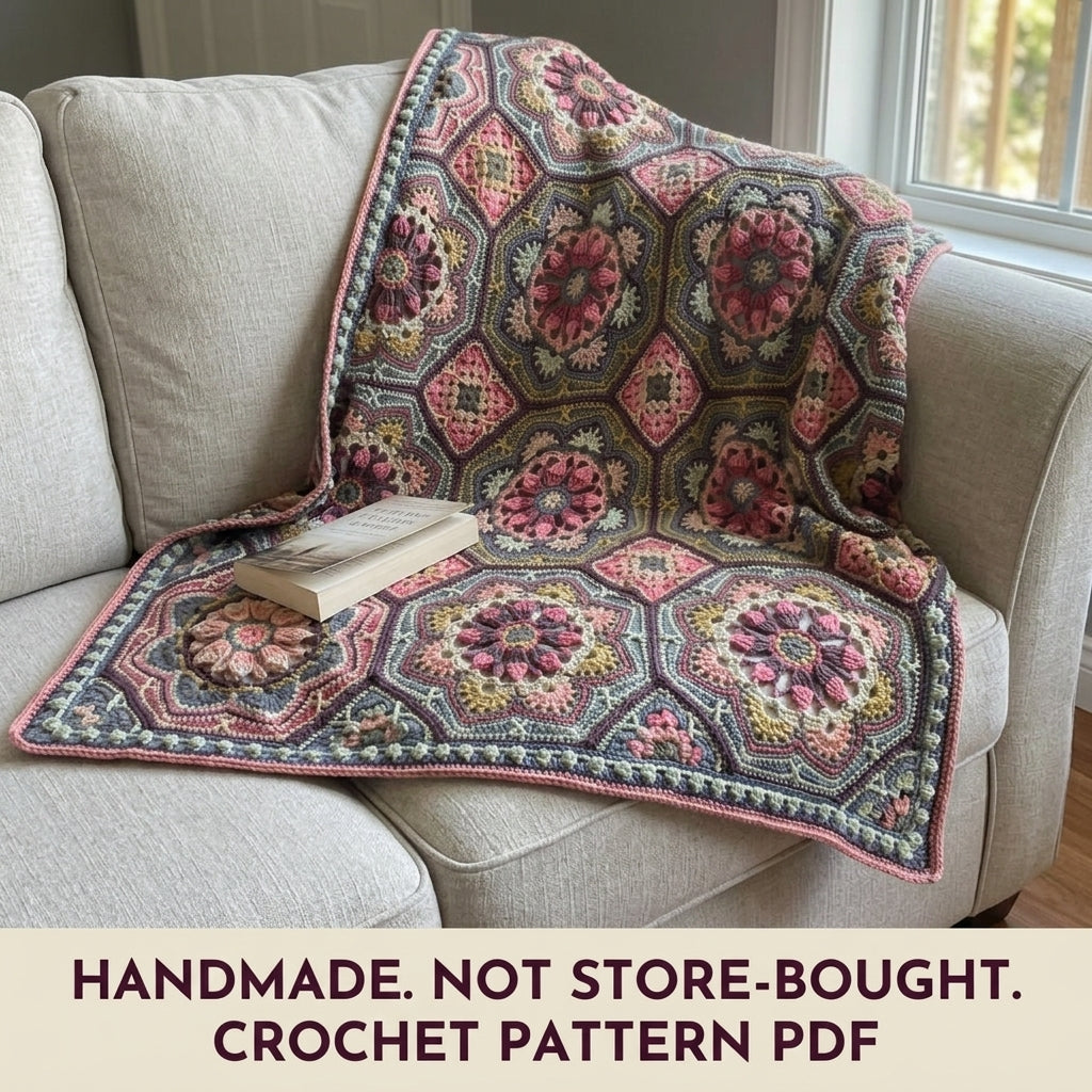 Tiled Flower Medallion Crochet Blanket Pattern PDF – Octagon Motif Throw in Vintage Pinks