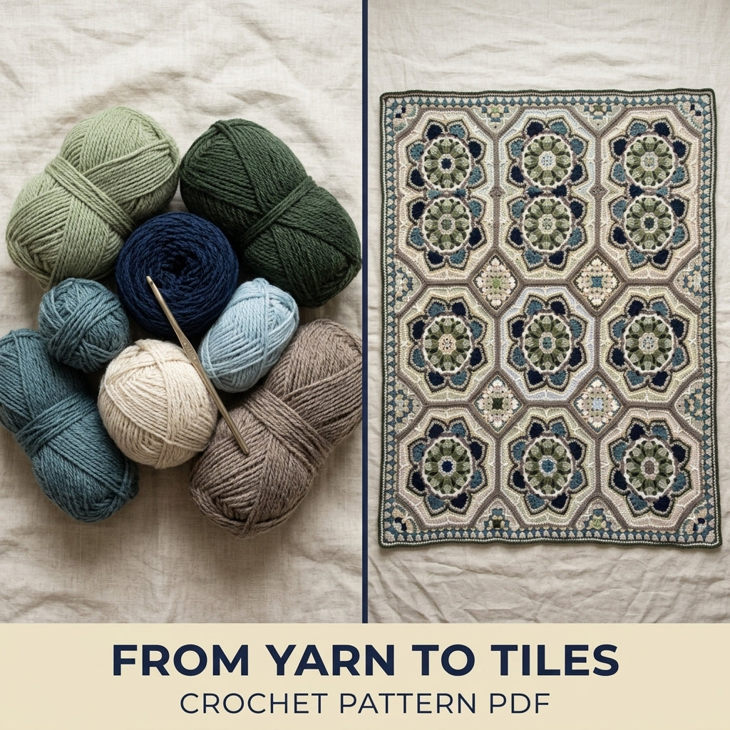 Sage Tile Medallion Crochet Blanket Pattern PDF – Octagon Motif Throw in Green and Navy