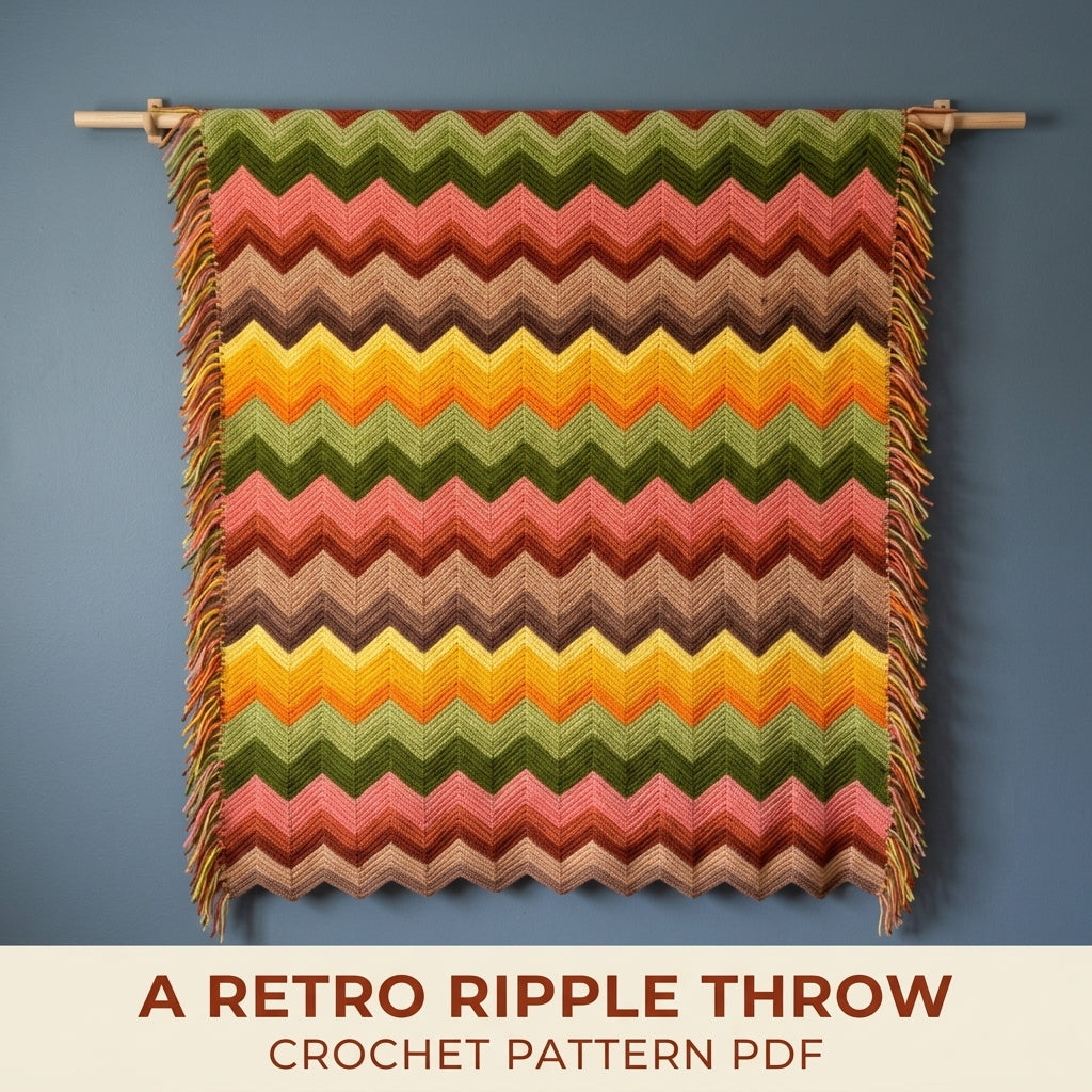 Retro Ripple Crochet Blanket Pattern PDF – Seventies Chevron Stripe Throw with Fringe