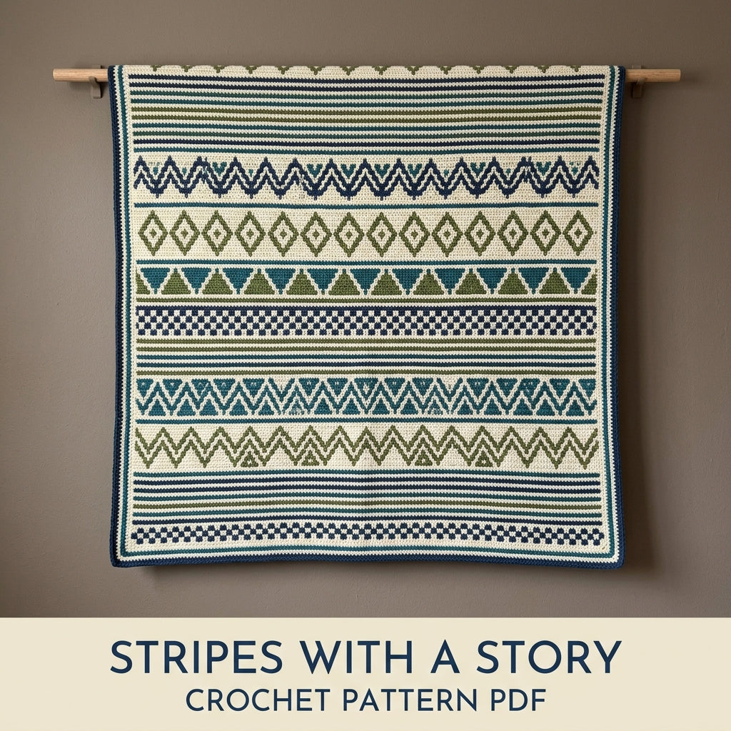 Geometric Stripe Mosaic Crochet Blanket Pattern PDF – Navy, Teal and Green Throw with Diamonds and Zigzags