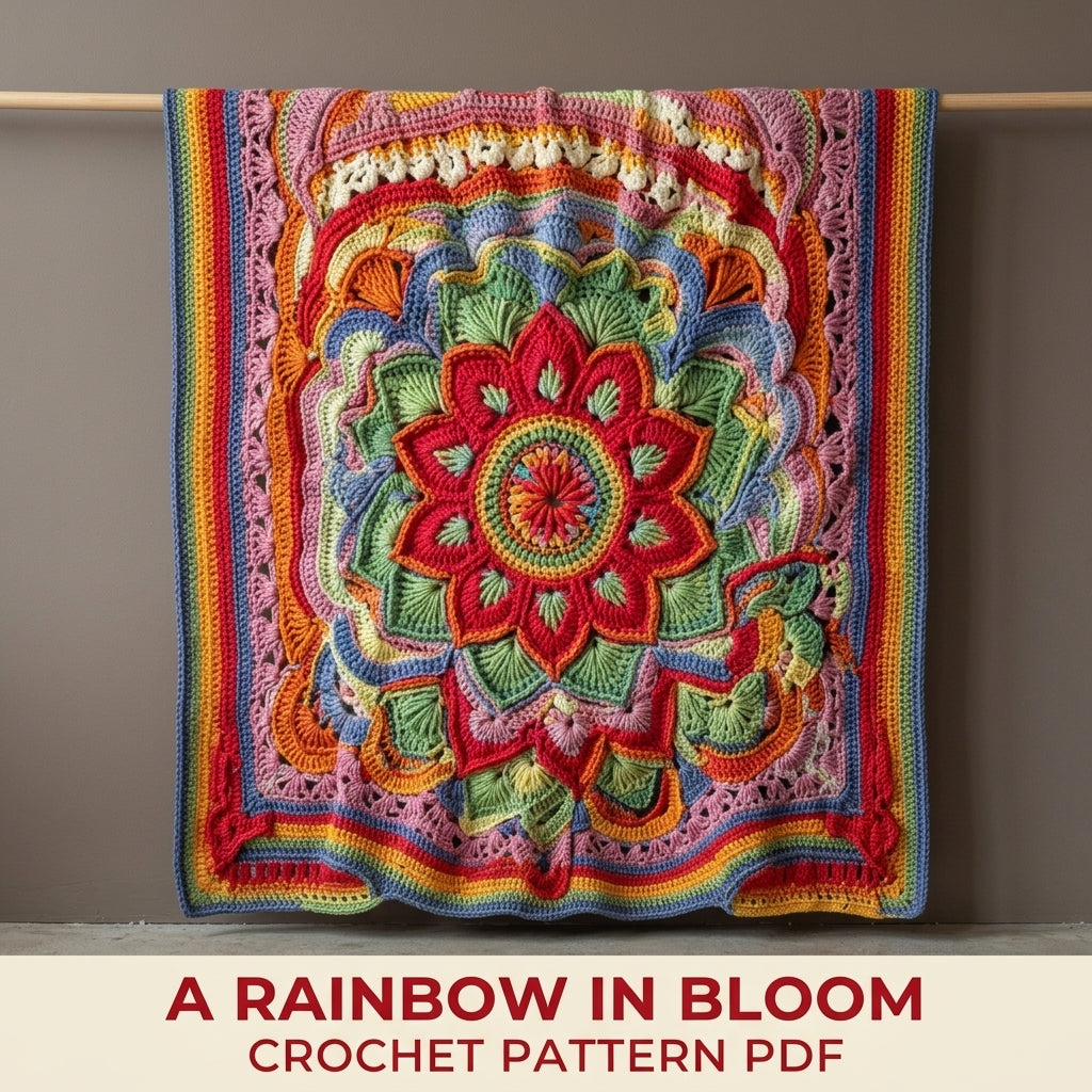 Rainbow Bloom Crochet Blanket Pattern PDF – Textured Overlay Mandala Throw with Stripes