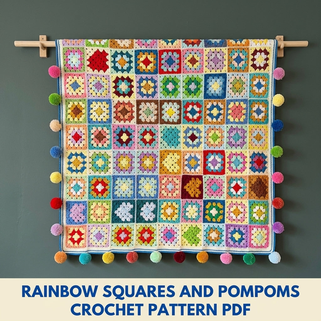 Rainbow Granny Square Pompom Blanket Crochet Pattern PDF – Scrap Throw with Pompoms