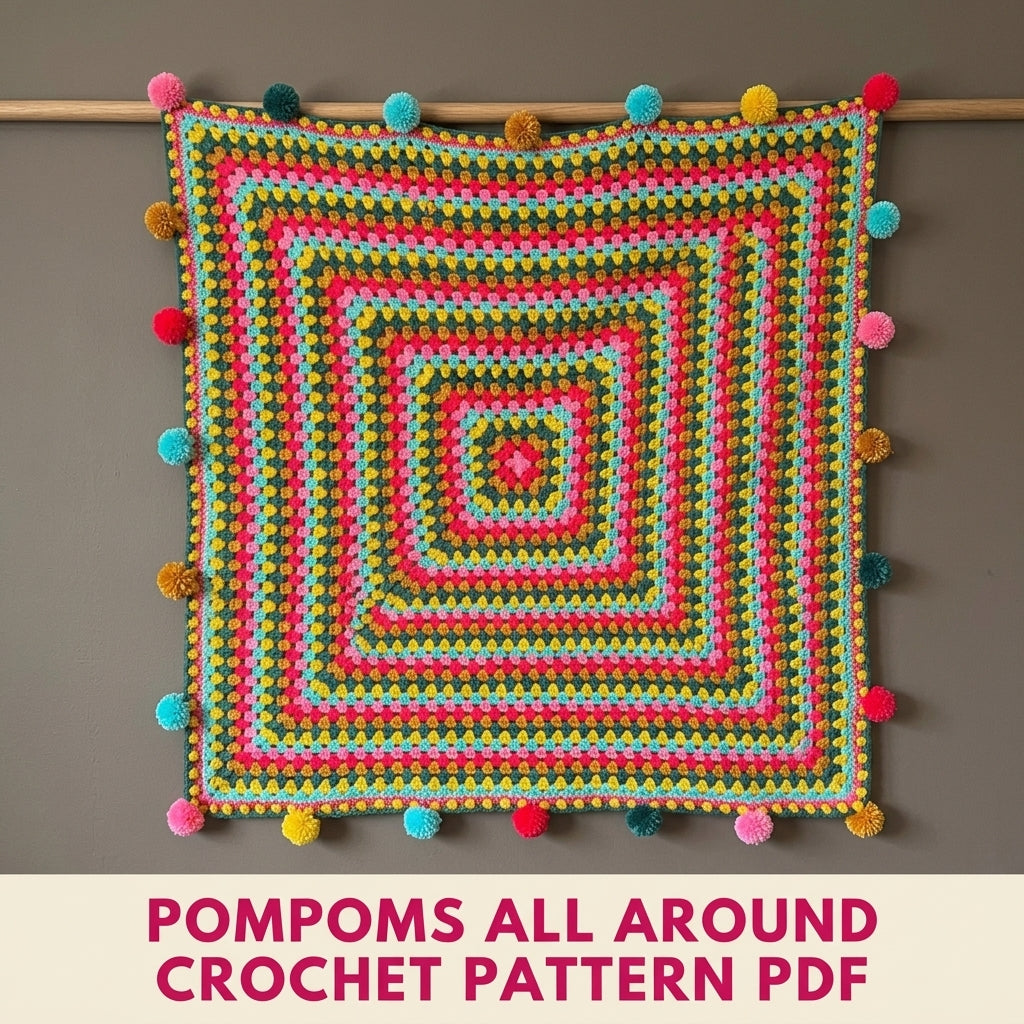 Pompom Giant Granny Square Blanket Crochet Pattern PDF – Bright Granny Throw with Pompoms