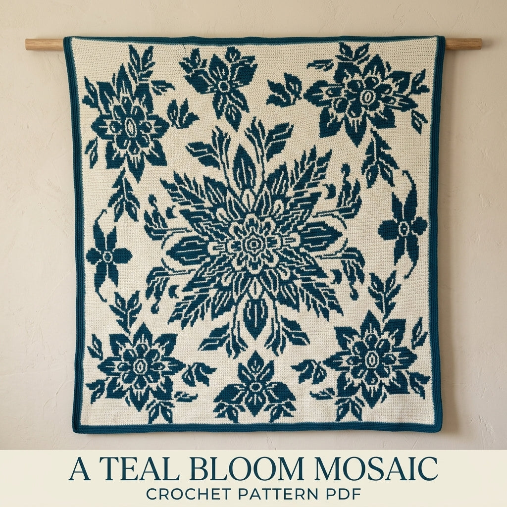 Teal Bloom Mosaic Crochet Blanket Pattern PDF – Two-Colour Floral Medallion Throw