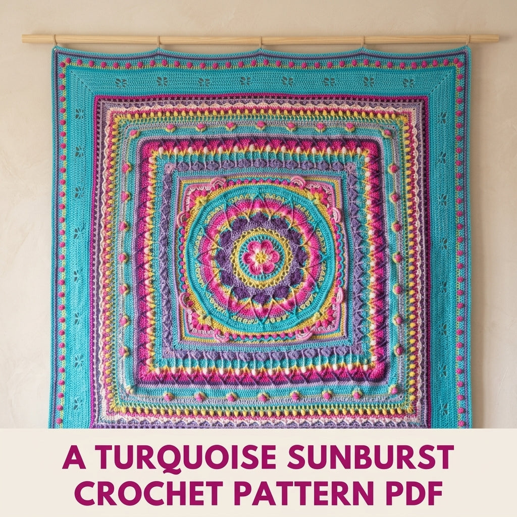 Turquoise Sunburst Mandala Blanket Crochet Pattern PDF – Bright Textured Square Throw