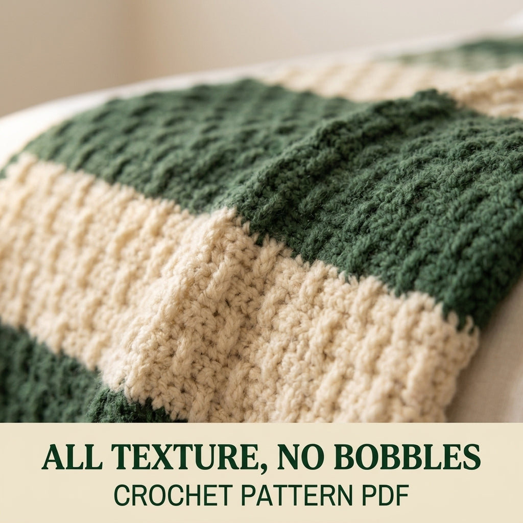 Alpine Stitch Crochet Blanket Pattern PDF – Textured Green and Cream Striped Throw