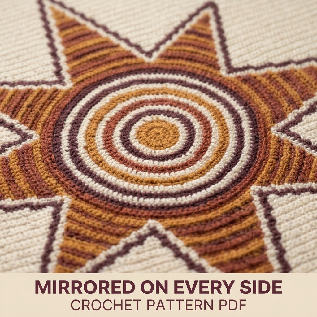 Sun Star Tapestry Crochet Blanket Pattern PDF – Celestial Throw in Mustard, Orange and Plum