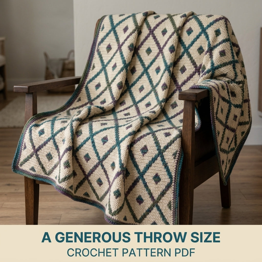 Trellis Mosaic Crochet Blanket Pattern PDF – Diamond Lattice Throw in Teal, Plum and Green