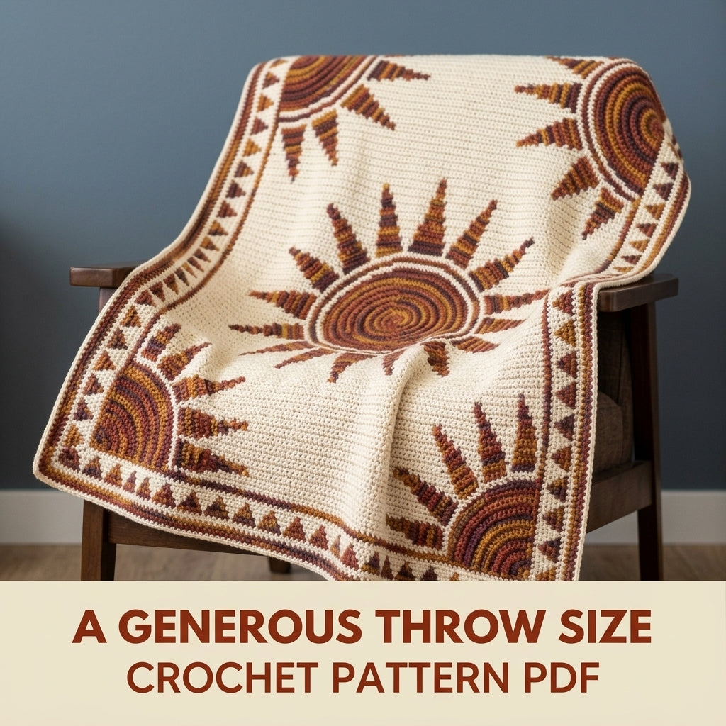 Sunburst Mosaic Crochet Blanket Pattern PDF – Sun Throw in Rust, Mustard and Plum with Triangle Border