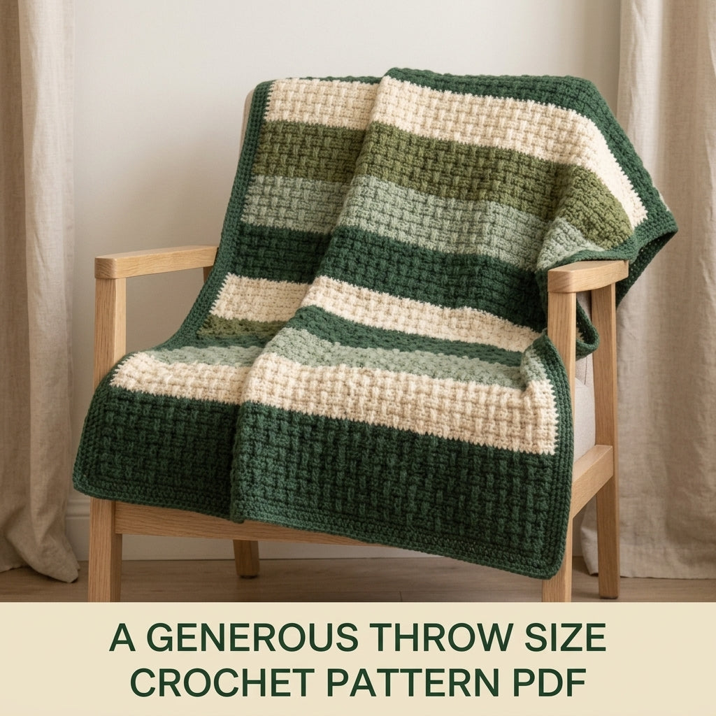 Alpine Stitch Crochet Blanket Pattern PDF – Textured Green and Cream Striped Throw