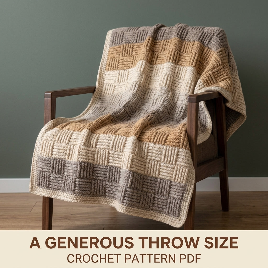 Basketweave Crochet Blanket Pattern PDF – Chunky Woven Texture Throw in Neutral Tones