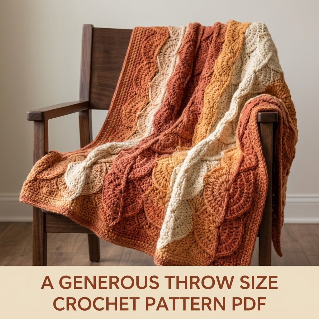 Catherine Wheel Crochet Blanket Pattern PDF – Textured Scalloped Throw in Rust, Orange and Cream