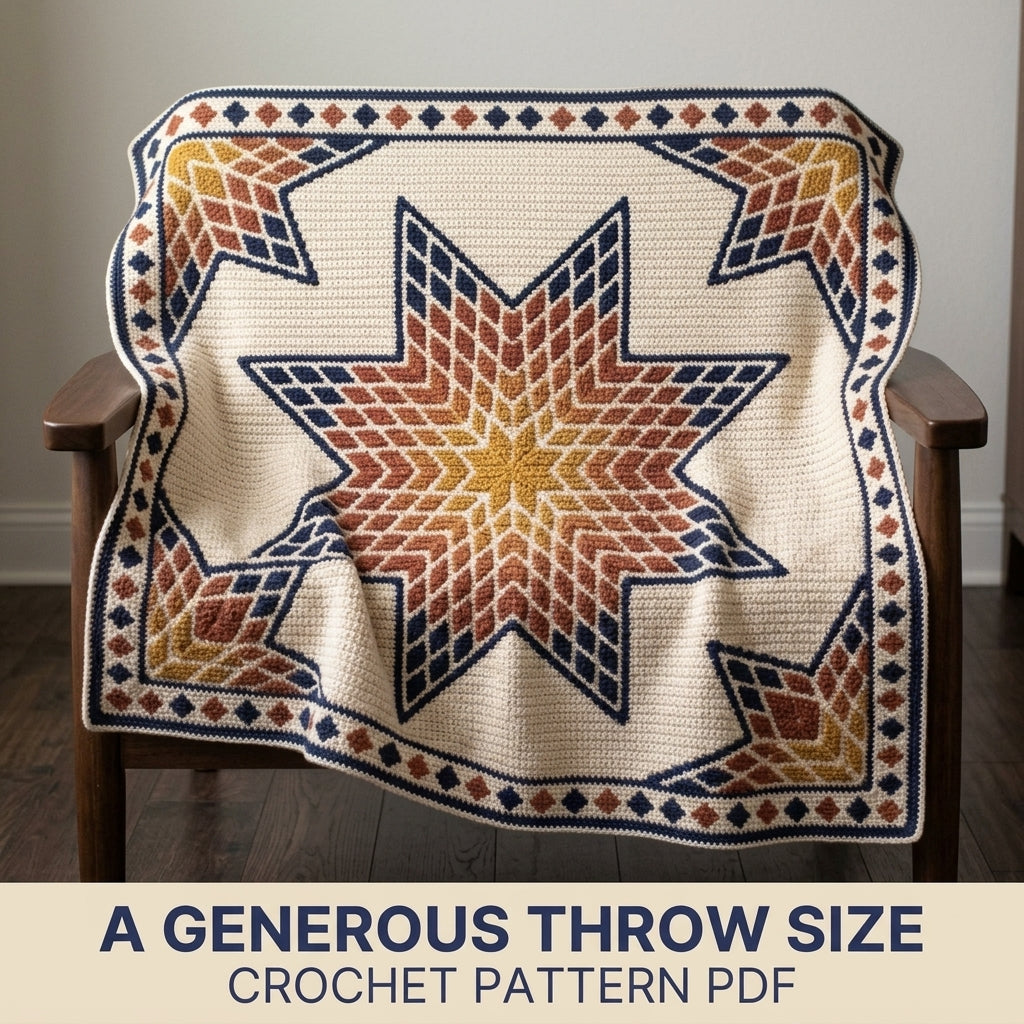 Lone Star Tapestry Crochet Blanket Pattern PDF – Quilt-Inspired Star Throw in Mustard, Rust and Navy