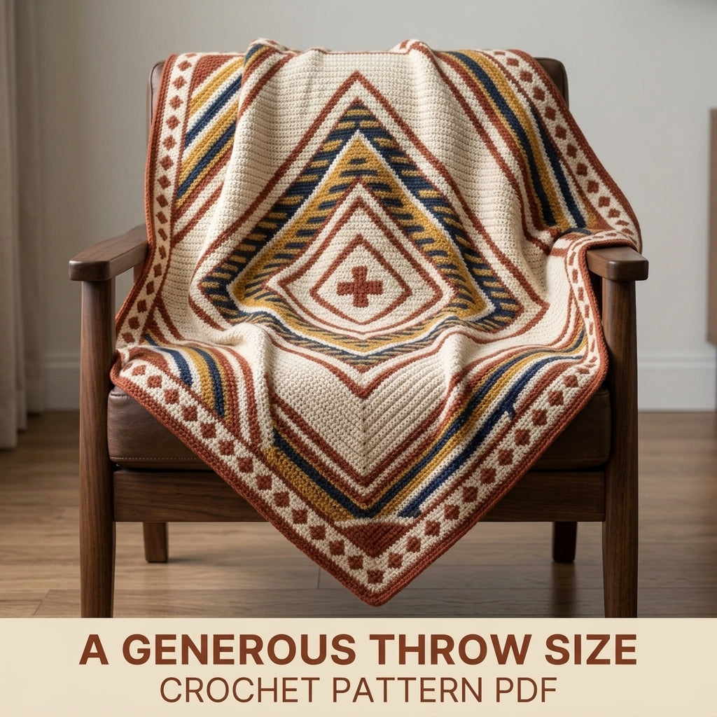 Diamond Tapestry Crochet Blanket Pattern PDF – Geometric Throw in Rust, Mustard and Navy