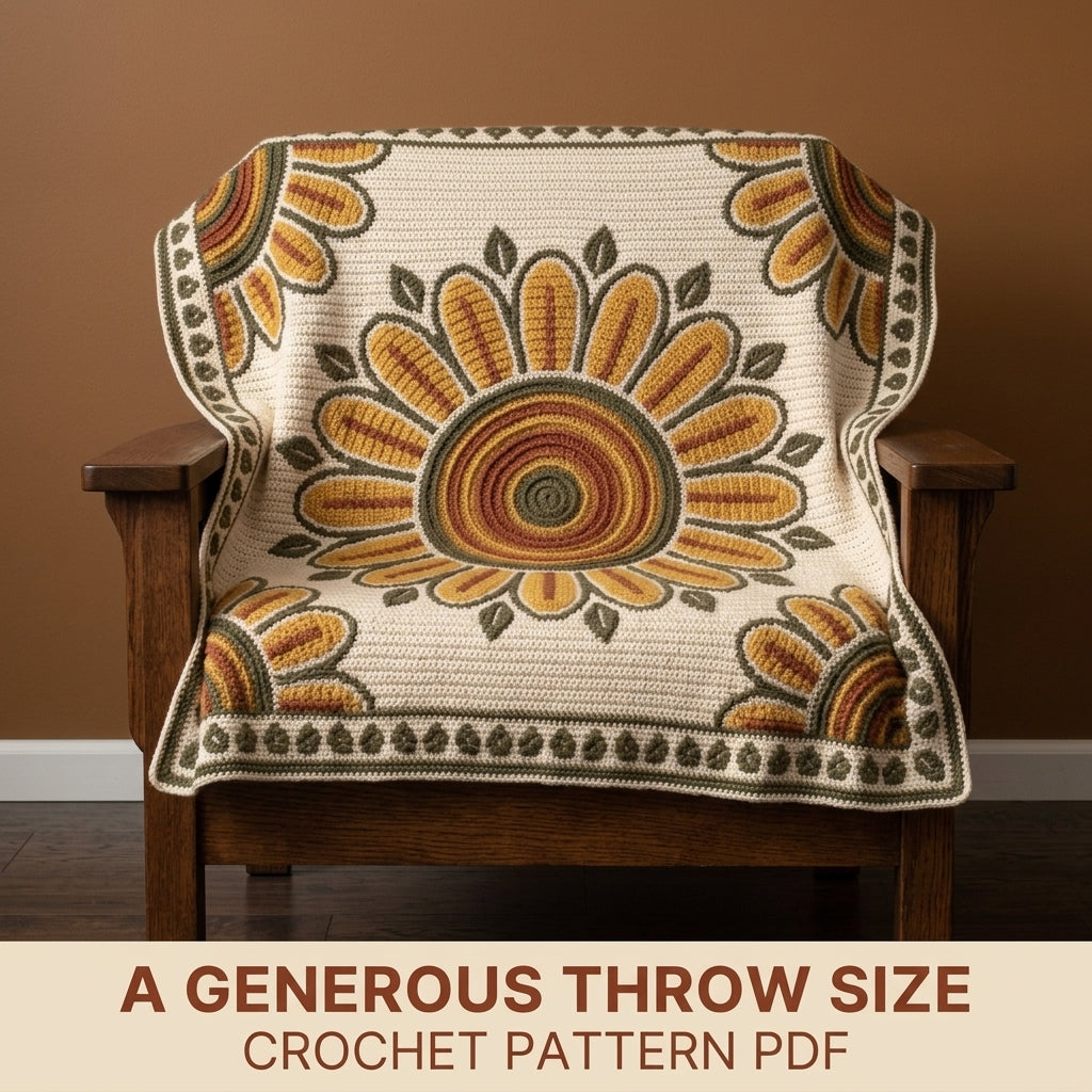 Sunflower Tapestry Crochet Blanket Pattern PDF – Floral Medallion Throw in Mustard, Rust and Olive