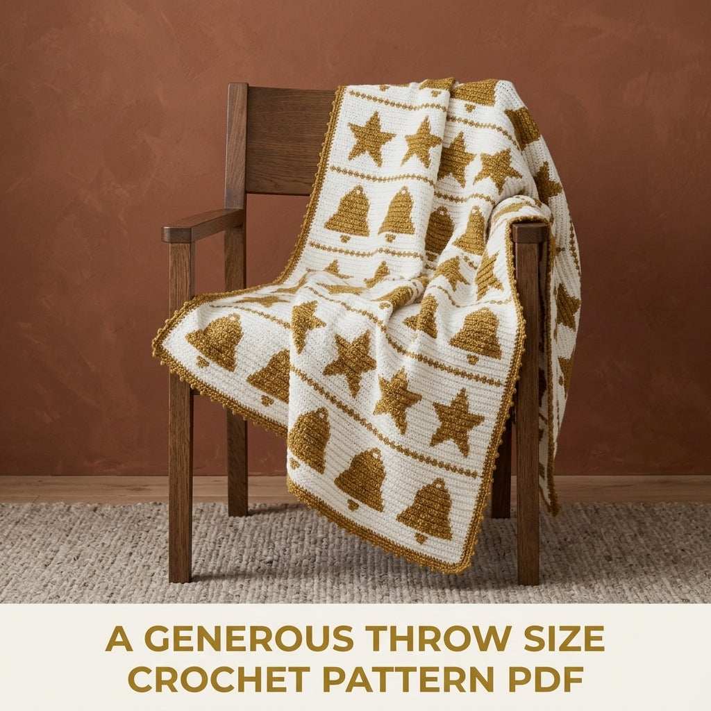 Bells and Stars Crochet Blanket Pattern PDF – Christmas Tapestry Crochet Throw in Gold and White