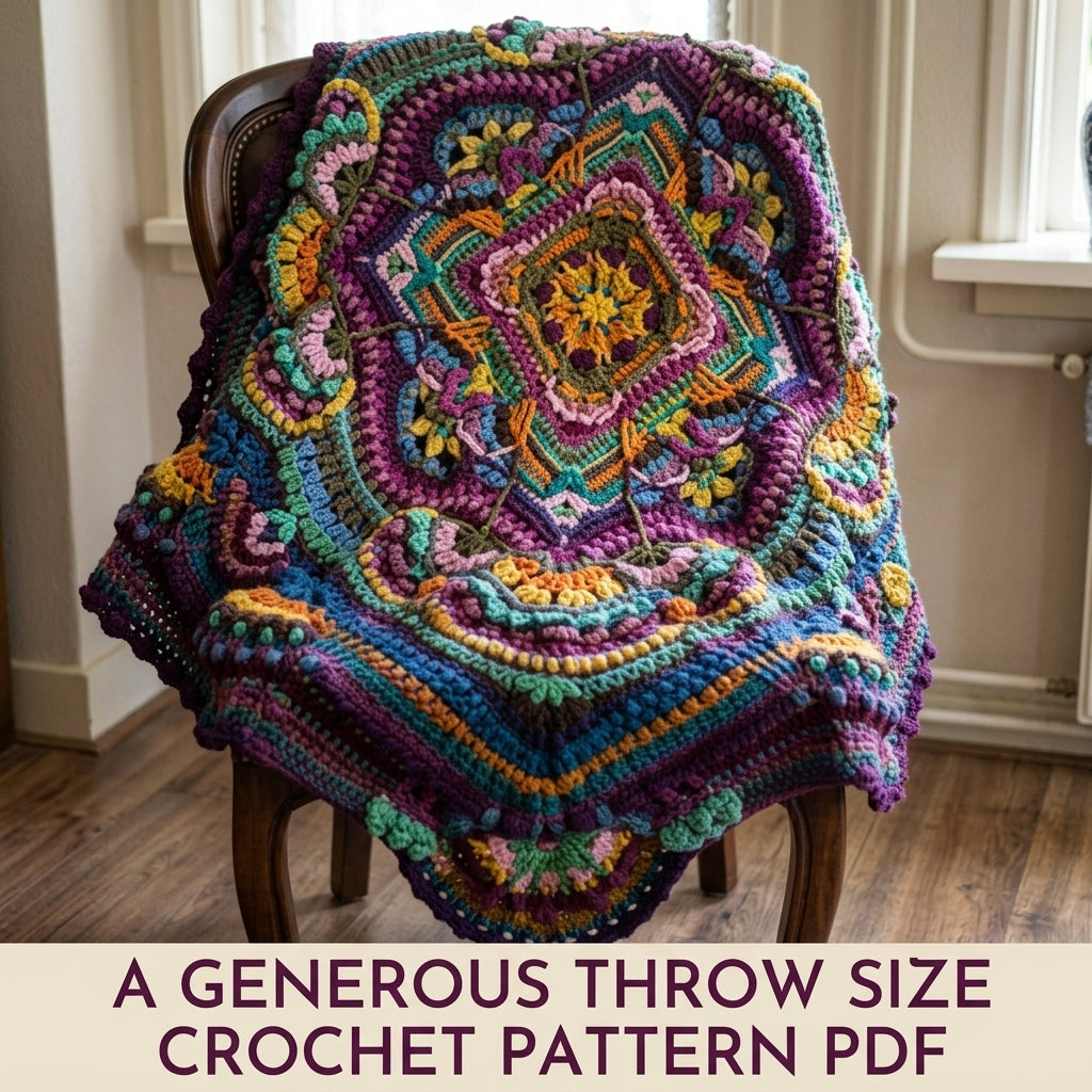 Jewel Mandala Crochet Blanket Pattern PDF – Textured Overlay Square Throw in Rounds