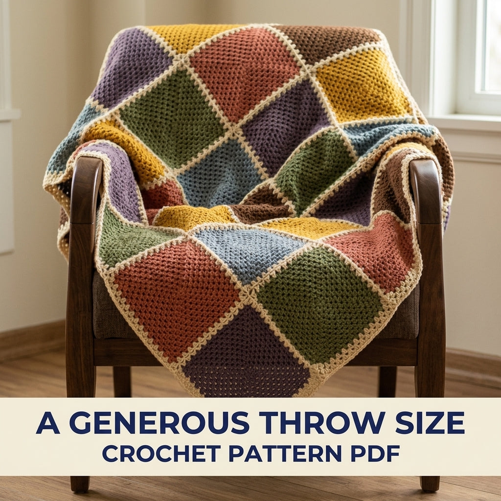 Earthy Granny Patchwork Blanket Crochet Pattern PDF – Solid Granny Square Throw in Autumn Colours