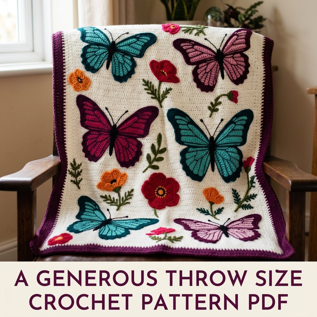 Butterfly Garden Appliqué Blanket Crochet Pattern PDF – Butterflies and Poppies Throw
