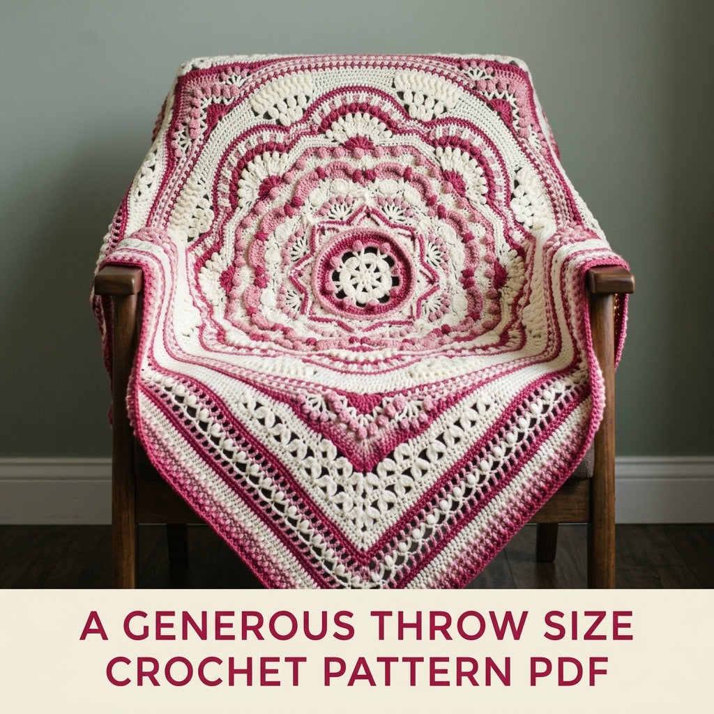 Raspberry Cream Mandala Blanket Crochet Pattern PDF – Textured Two-Tone Mandala Throw