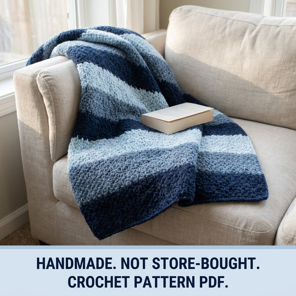 Star Stitch Crochet Blanket Pattern PDF – Textured Striped Throw in Navy and Blue