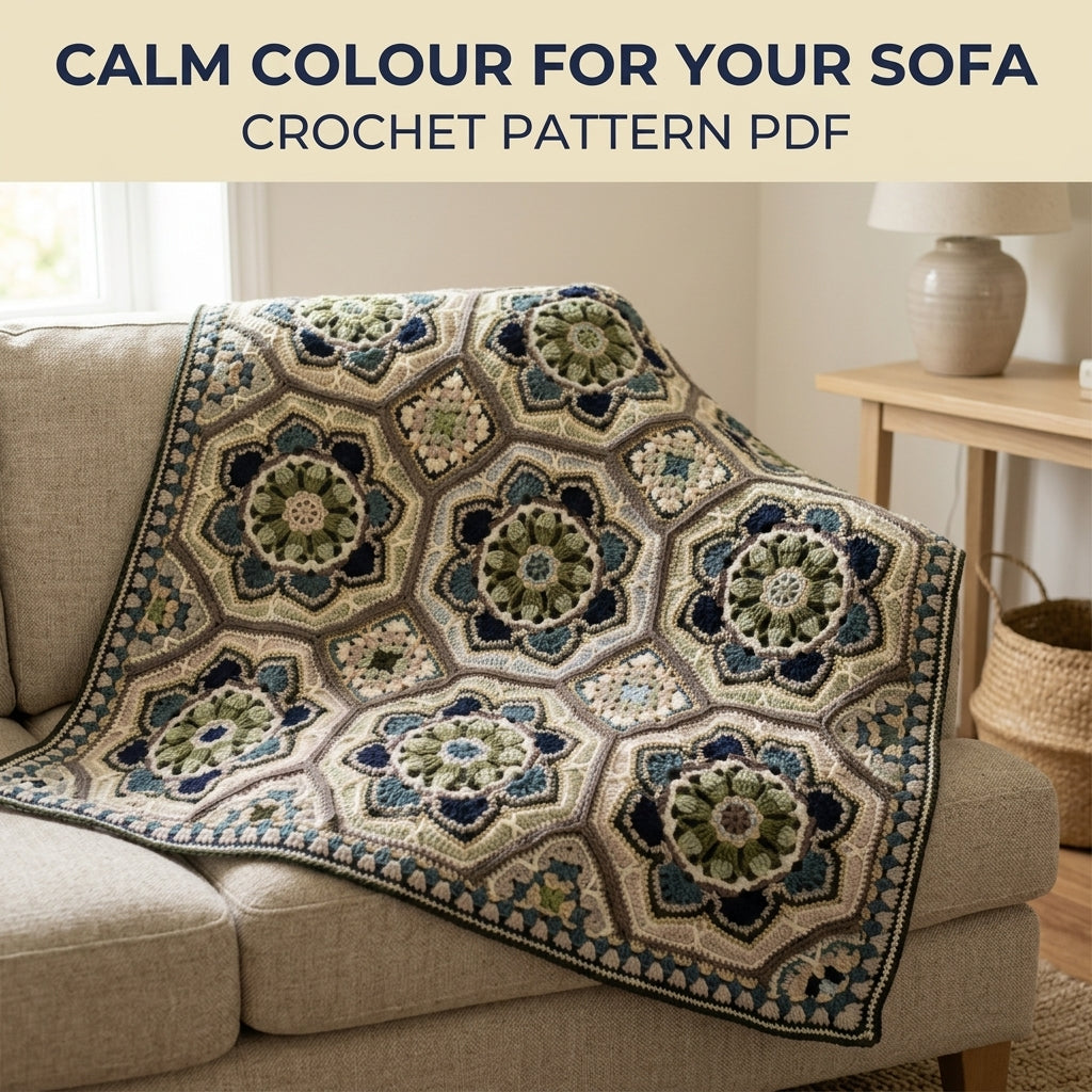 Sage Tile Medallion Crochet Blanket Pattern PDF – Octagon Motif Throw in Green and Navy