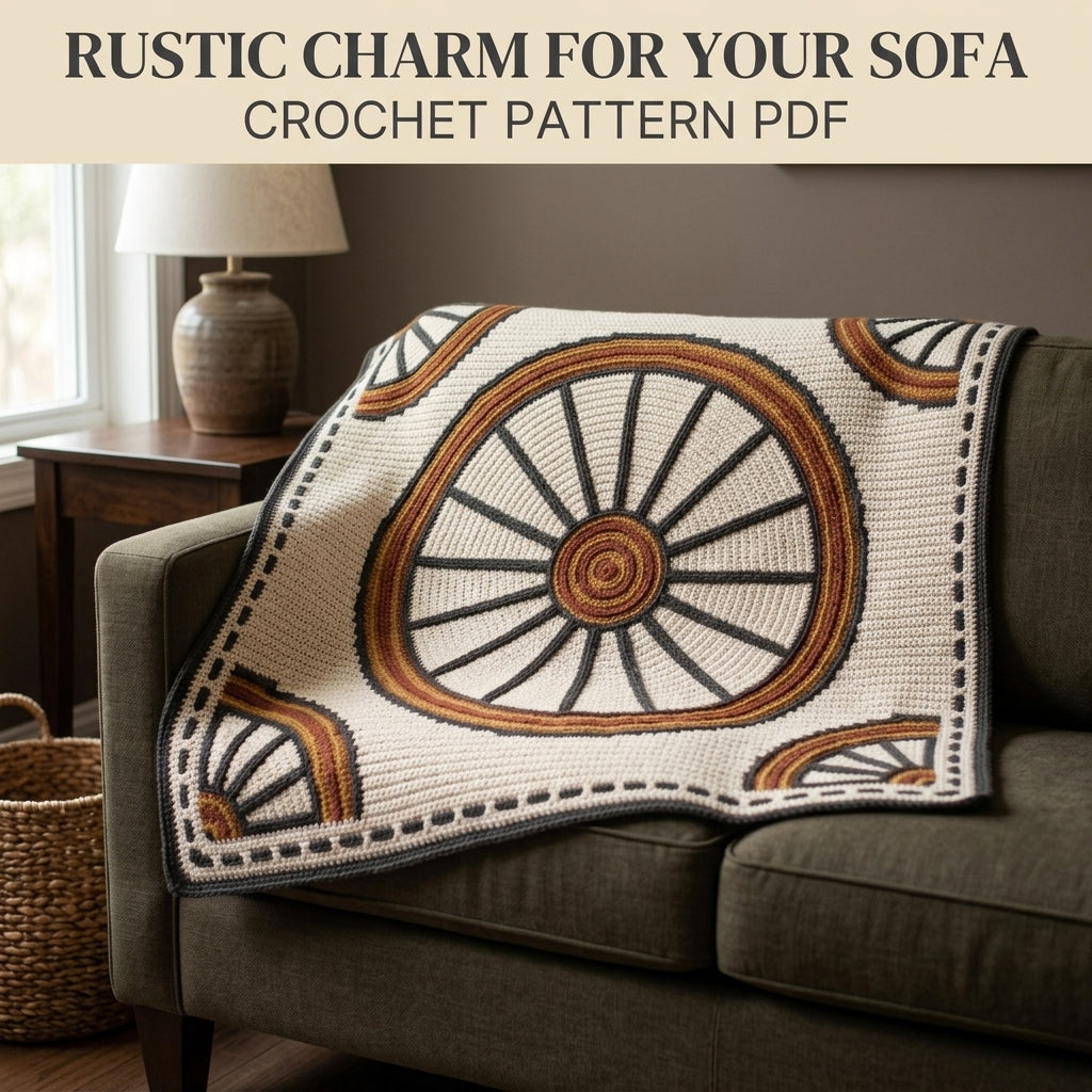 Wagon Wheel Tapestry Crochet Blanket Pattern PDF – Rustic Throw in Charcoal, Rust and Mustard