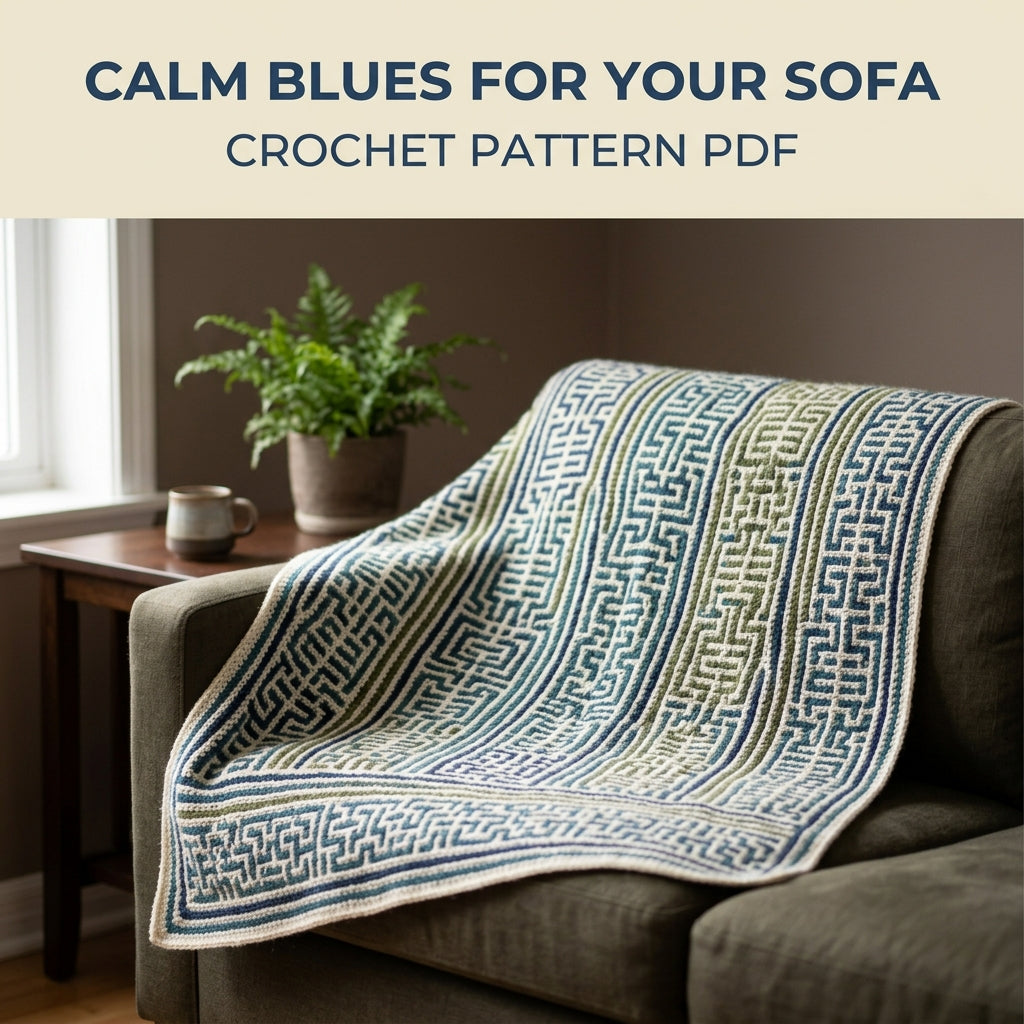 Geometric Stripe Mosaic Crochet Blanket Pattern PDF – Navy, Teal and Green Throw with Diamonds and Zigzags
