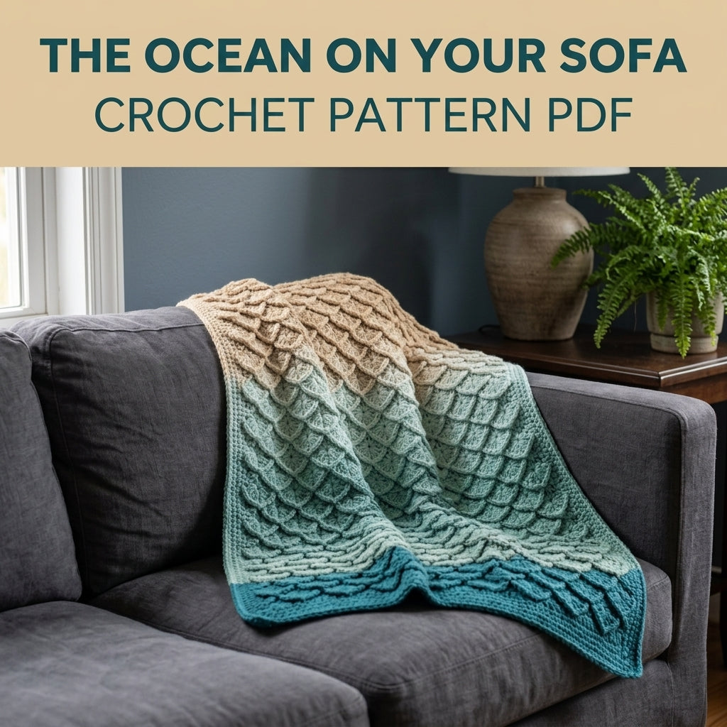 Mermaid Scale Crochet Blanket Pattern PDF – Textured 3D Scales Throw in Teal and Sand