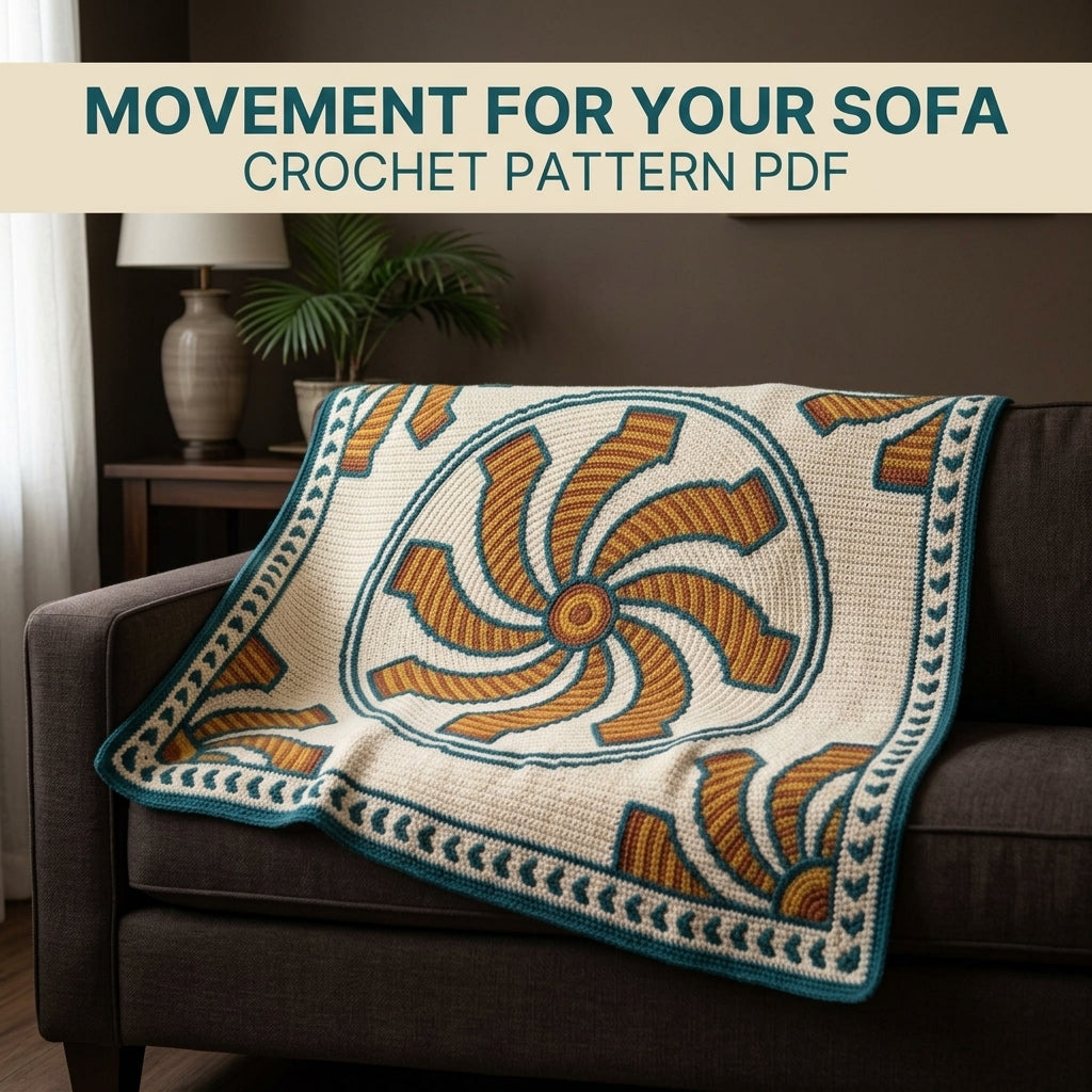 Pinwheel Tapestry Crochet Blanket Pattern PDF – Spinning Sun Throw in Mustard, Rust and Teal