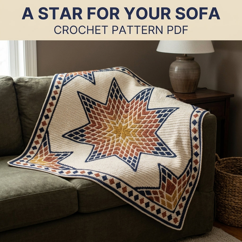 Lone Star Tapestry Crochet Blanket Pattern PDF – Quilt-Inspired Star Throw in Mustard, Rust and Navy