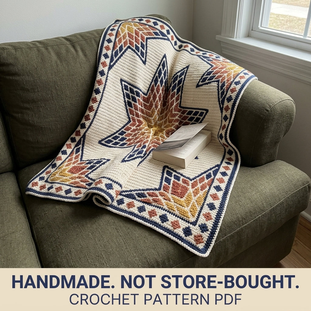 Lone Star Tapestry Crochet Blanket Pattern PDF – Quilt-Inspired Star Throw in Mustard, Rust and Navy