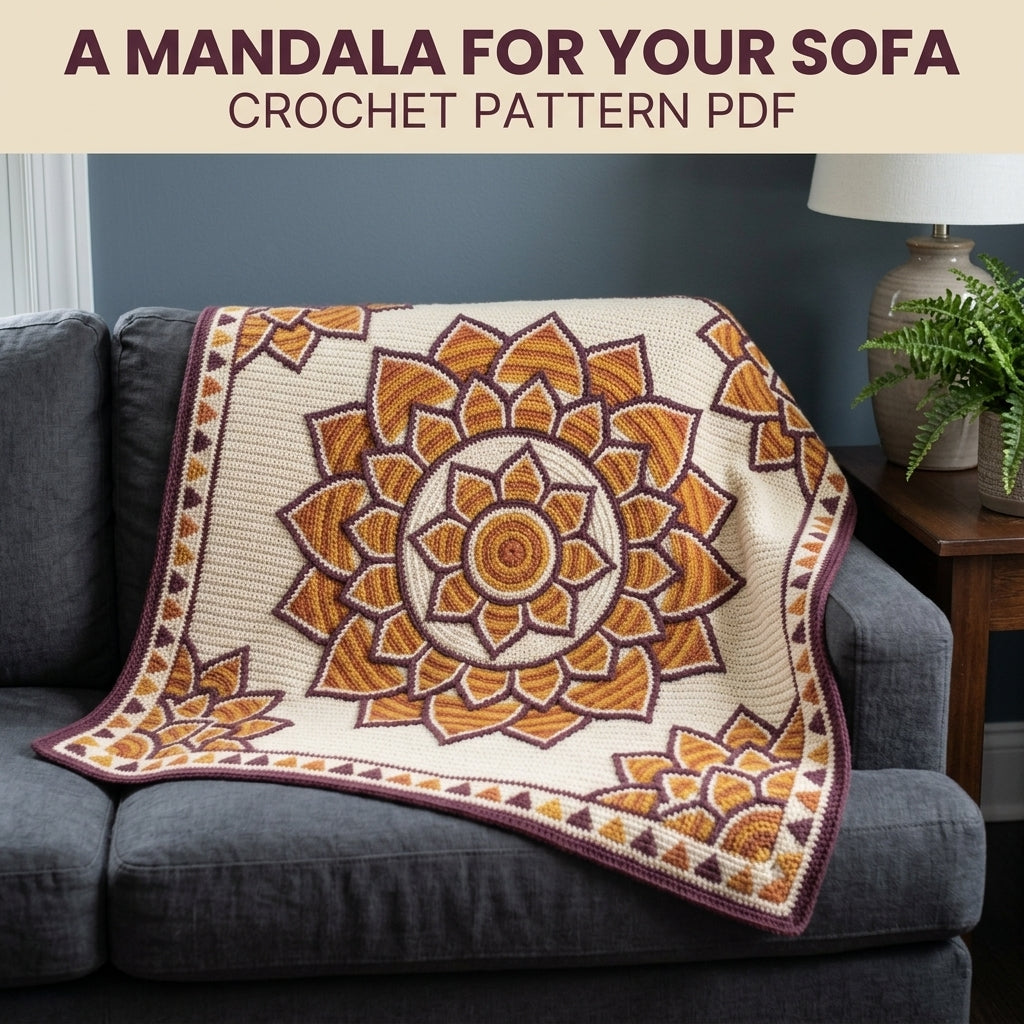 Lotus Mandala Tapestry Crochet Blanket Pattern PDF – Floral Throw in Mustard, Orange and Plum