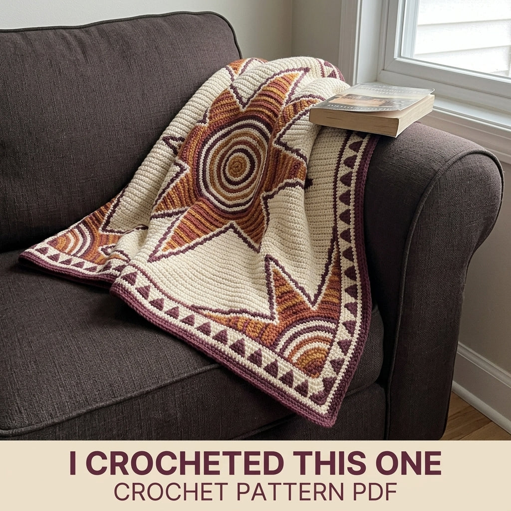 Sun Star Tapestry Crochet Blanket Pattern PDF – Celestial Throw in Mustard, Orange and Plum