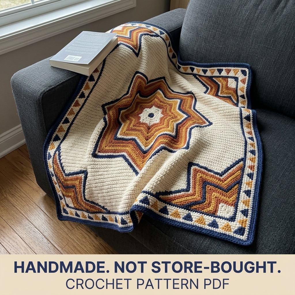 Star Tapestry Crochet Blanket Pattern PDF – Nested Eight-Point Star Throw in Navy, Rust and Mustard